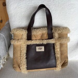 UGG Brown and Tan Shearling Trim Suede Tote